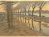 a picture of a painting of a park by the water