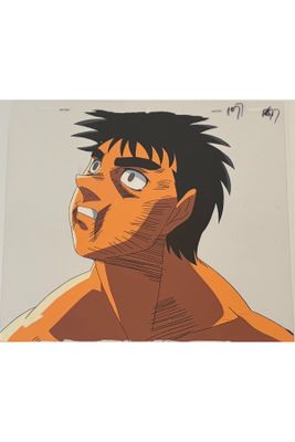 a drawing of a man with black hair and a brown shirt
