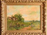 an oil painting of a farm scene in a gold frame