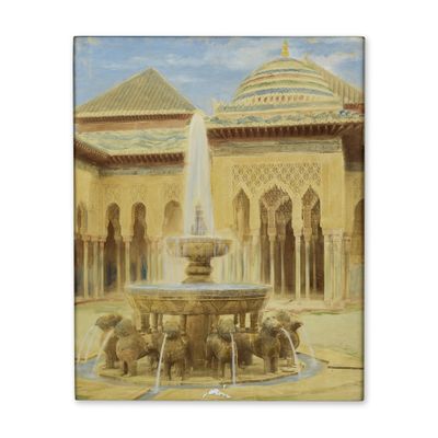 une image représentant une peinture d'une fontaine située devant un bâtiment