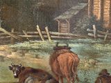 a painting of cows in a field next to a cabin