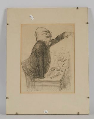 dessin représentant un homme en costume qui montre du doigt quelque chose posé sur une table