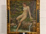 un tableau représentant une femme nue debout devant un chevalet