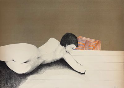 un dessin représentant un homme nu allongé sur un lit