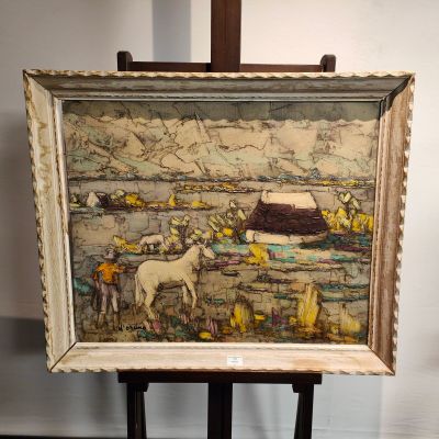 une vieille photo représentant un tableau posé sur un chevalet, avec un cheval en arrière-plan