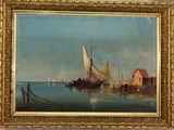 an oil painting of a sailboat on a body of water with a house in the background