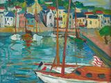 tableau représentant des voiliers dans un port, avec des maisons en arrière-plan