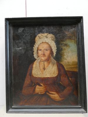 portrait d'une femme vêtue d'une robe marron et d'un bonnet blanc