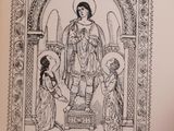 an open book with a drawing of a woman and two children