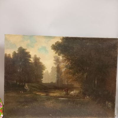a painting of a wooded landscape with cattle grazing in the distance