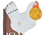 a sign with a chicken on it that says ici biscuits and michel