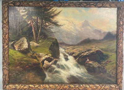 un tableau représentant un paysage de montagne avec un ruisseau au premier plan