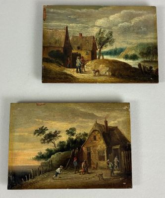 two paintings of a farm scene and a village scene