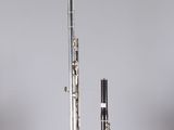 an image of a silver and black flute on a clear stand