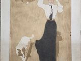 painting of a woman and her dog on the beach