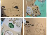 plusieurs photos d'un carton contenant une chaise haute pour bébé et une chaise haute pour bébé