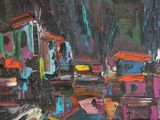 a painting of a group of trucks parked in a parking lot