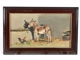 tableau représentant deux ânes et une poule dans une grange
