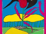 une image représentant un tableau où l'on voit un oiseau volant au-dessus d'une fleur