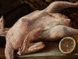 a painting of a turkey on a table with lemons and bananas