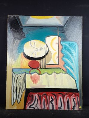 une peinture représentant une peinture d'un lit sur lequel se trouve une horloge