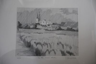 dessin au crayon représentant un paysage avec une église au loin