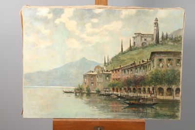 a picture of a painting on a easel with a boat in the water
