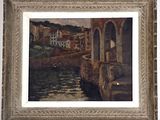 an image of a picture of a painting of a town by the water