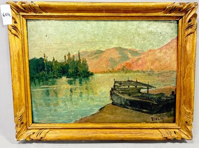 une peinture représentant un bateau au bord d'un lac