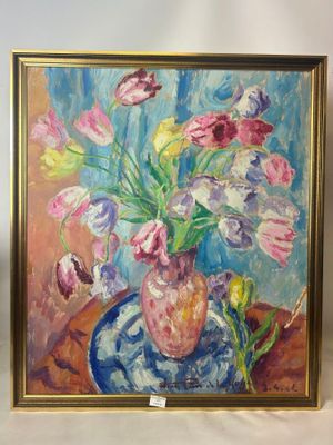 a painting of flowers in a vase on a table