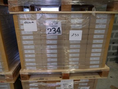 a stack of boxes sitting on a pallet in a warehouse
