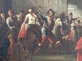 a painting of a man riding a horse in front of a crowd of people