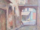 painting of an alleyway with buildings and a car parked on the side of the road