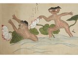 painting of a man and a woman swimming in a body of water
