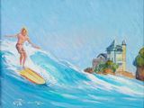 tableau représentant un homme sur une planche de surf chevauchant une vague devant un château