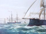 a painting of a ship in the water with other ships in the background