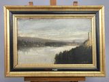 an oil painting of a lake with a castle in the distance