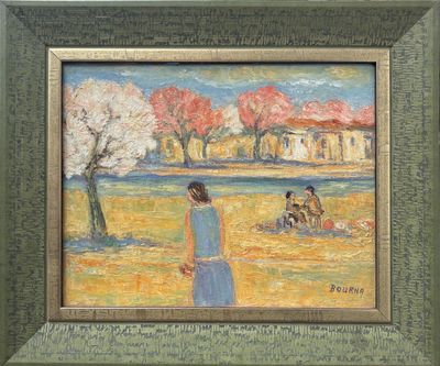 painting of a woman in a blue dress standing in a field with a dog
