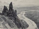 drawing of a mountain with a river running through it and a castle in the distance