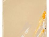 an abstract painting of yellow and white paint on a beige background