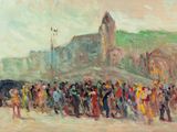 an oil painting of a crowd of people standing in front of a building