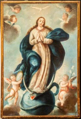 an image of a painting of the virgin mary surrounded by angels
