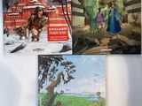 four children ' s books on a white surface with a red train in the background