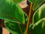 tableau représentant une femme tenant une plante verte devant un fond noir