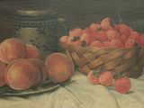 a painting of a basket of strawberries next to a plate of peaches