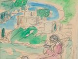 drawing of a woman and child sitting on a bench in front of a river