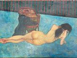 a painting of a nude woman laying on a bed