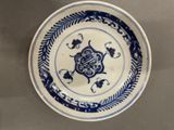 a blue and white plate with a design on it