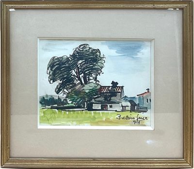 framed watercolor painting of a house and tree in a field
