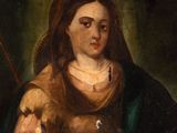 a painting of a woman holding a cat and a cross